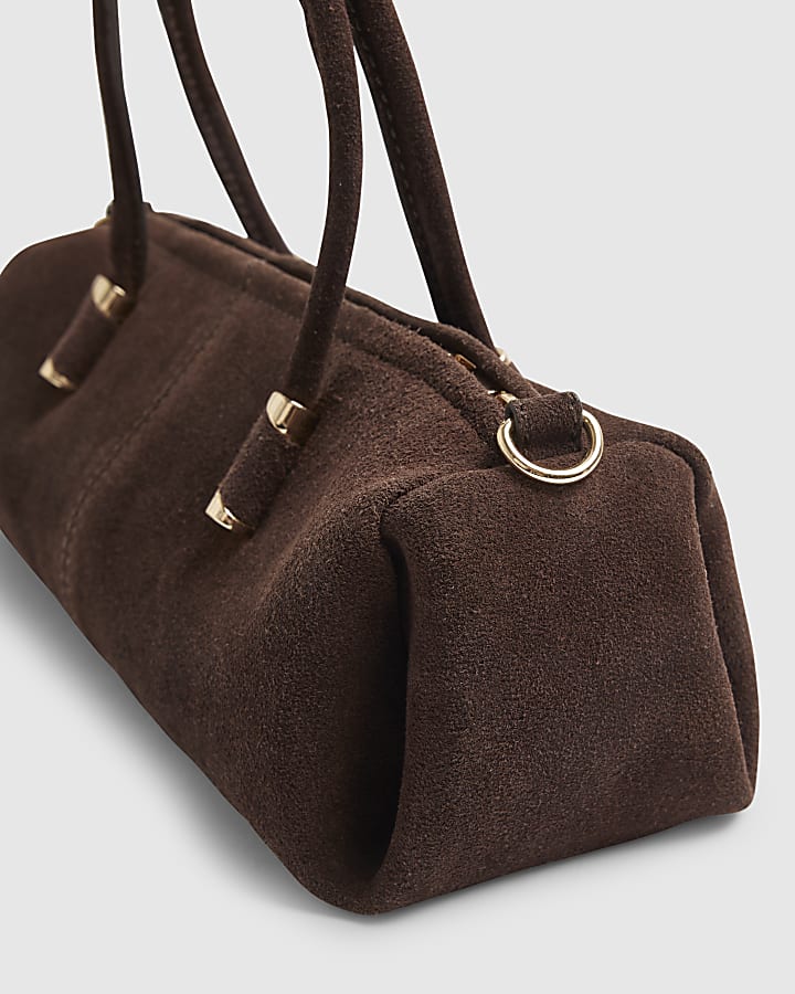 Brown Suede Metal Detail Bowler Bag
