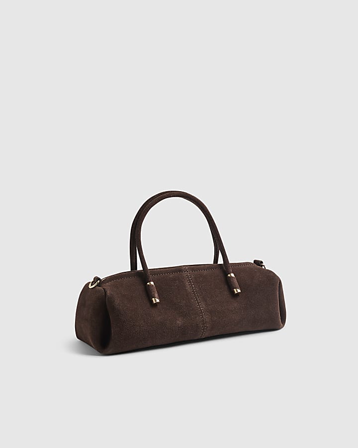 Brown Suede Metal Detail Bowler Bag
