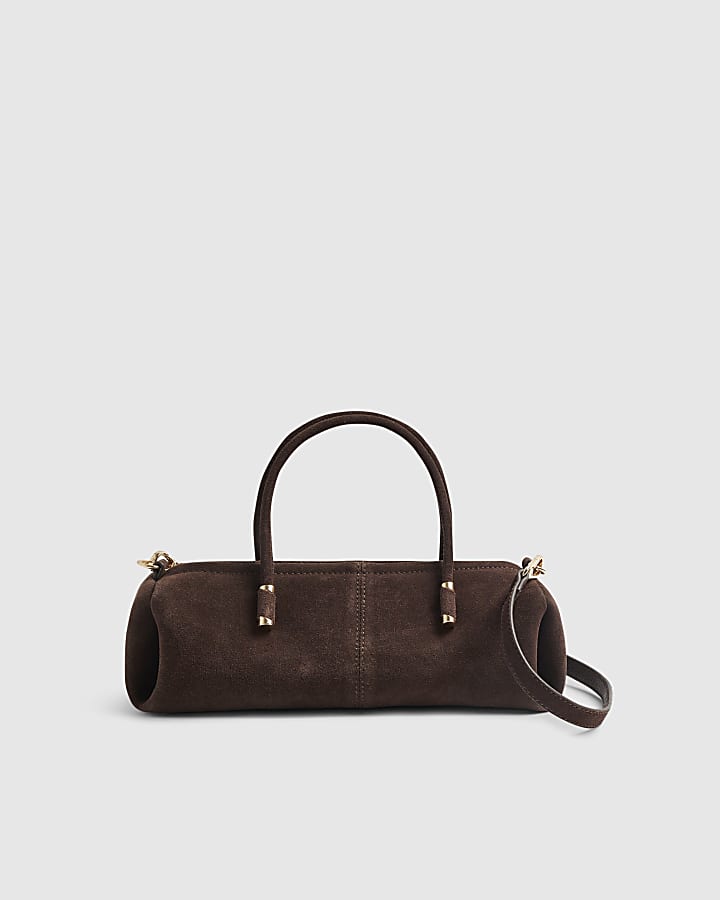 Brown Suede Metal Detail Bowler Bag