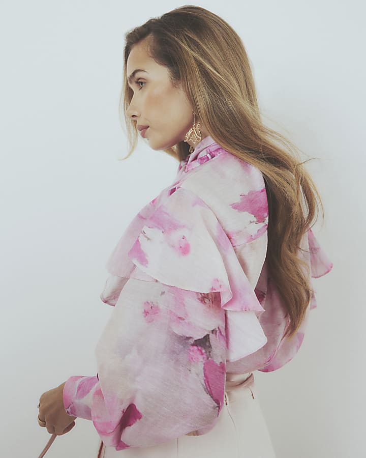 Pink Floral Pussybow Long Sleeve Blouse