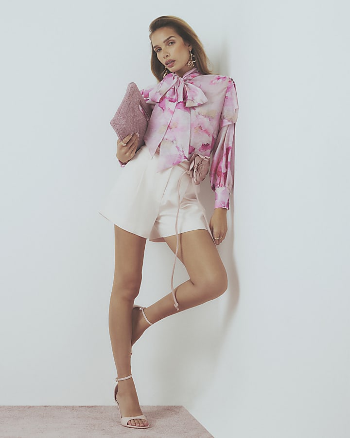 Pink Floral Pussybow Long Sleeve Blouse