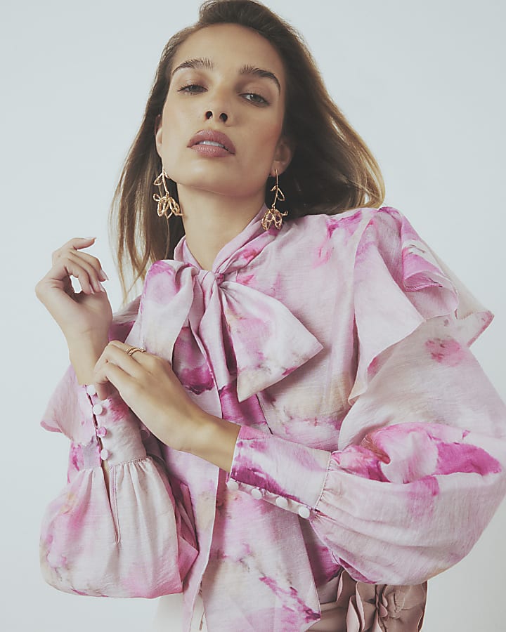 Pink Floral Pussybow Long Sleeve Blouse