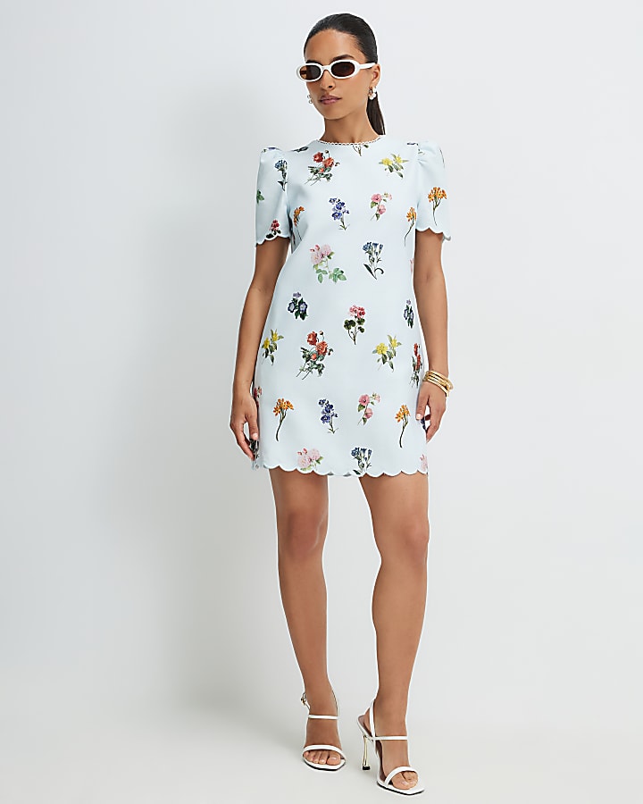 Petite Blue Floral Scallop Shift Dress