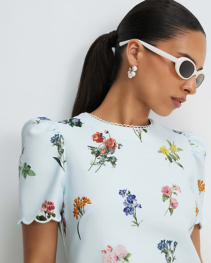 Petite Blue Floral Scallop Shift Dress