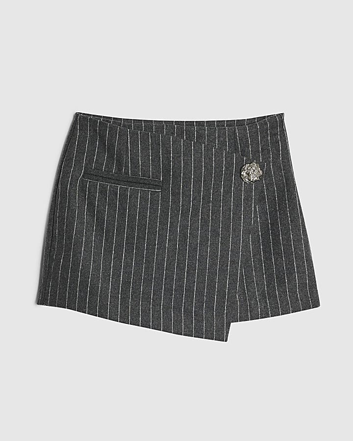 Grey Asymmetric Pinstripe Button Skort