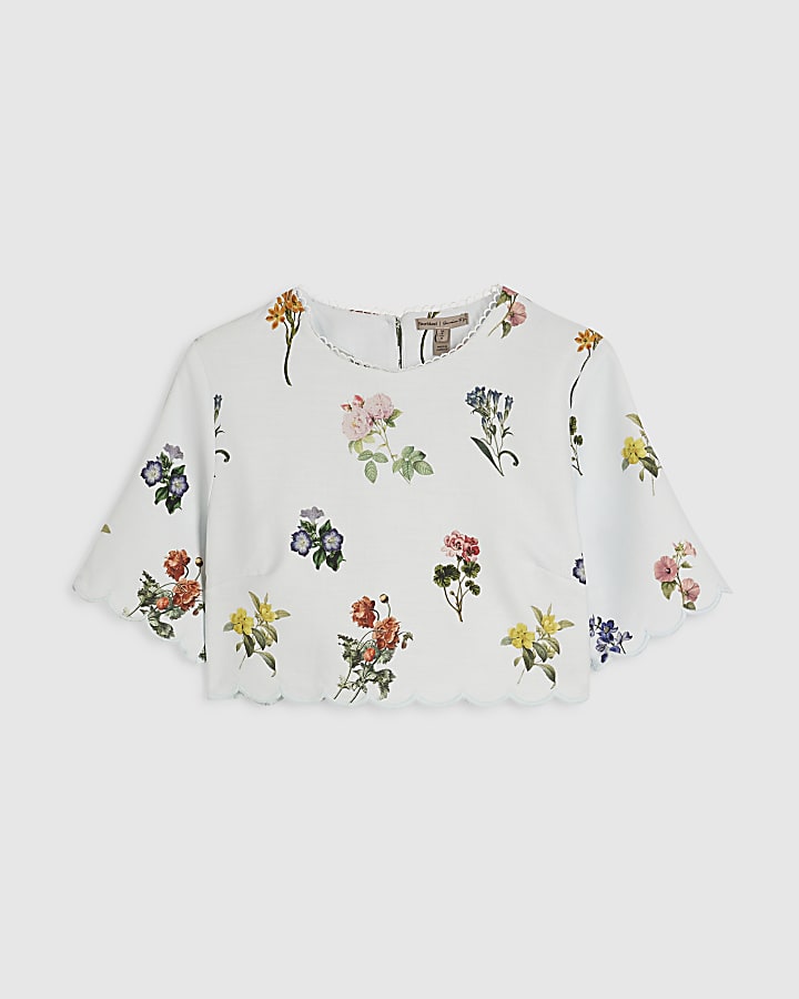 Petite Blue Floral Scallop Trim T-Shirt