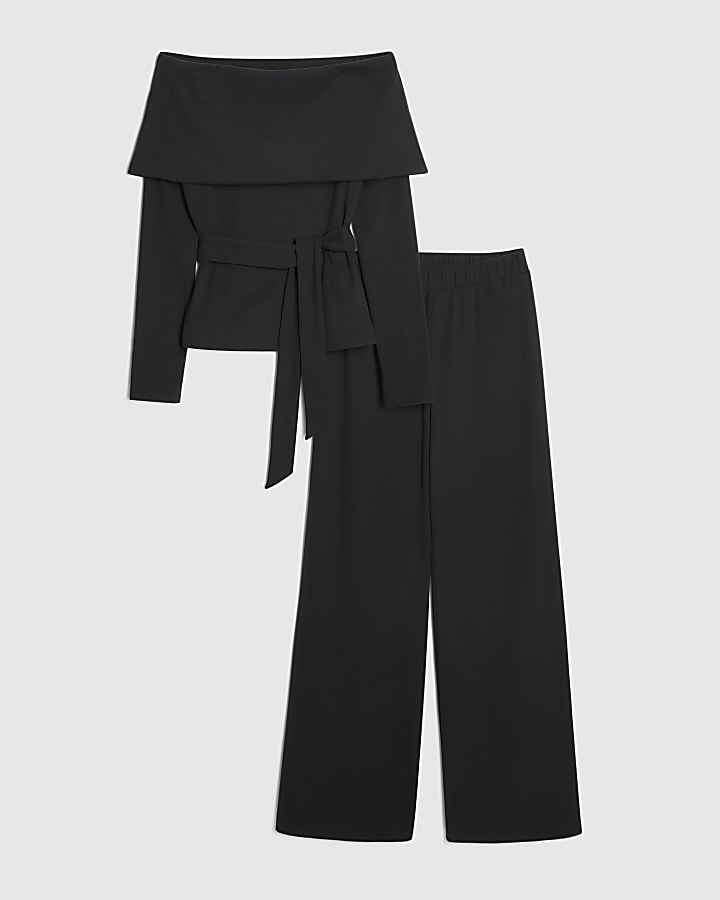 Black Bardot Jersey Wide Leg Trouser Set