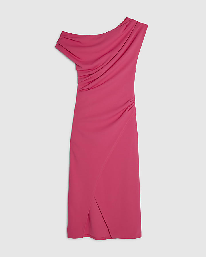 Pink Asymmetric Drape Wrap Midi Dress