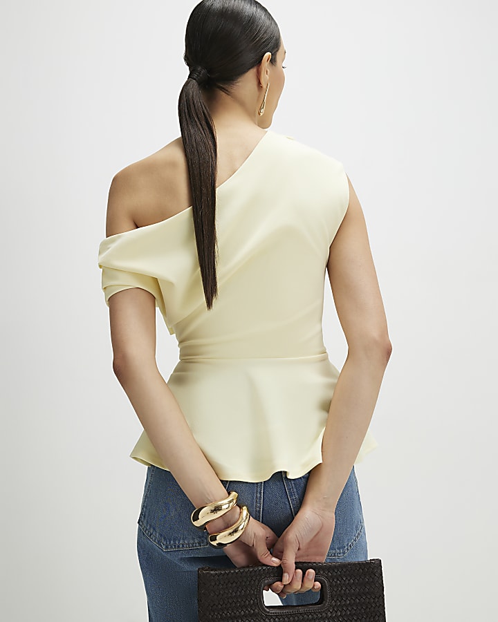 Yellow One Shoulder Drape Peplum Top