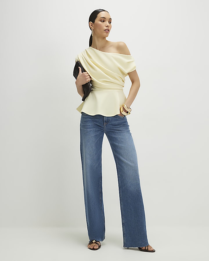 Yellow One Shoulder Drape Peplum Top