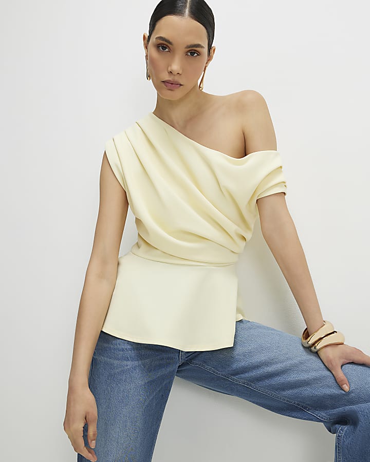 Yellow One Shoulder Drape Peplum Top