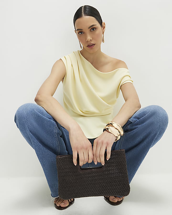 Yellow One Shoulder Drape Peplum Top
