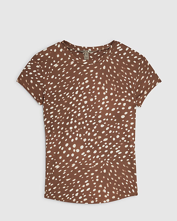 Brown Short Sleeve Animal Print Top