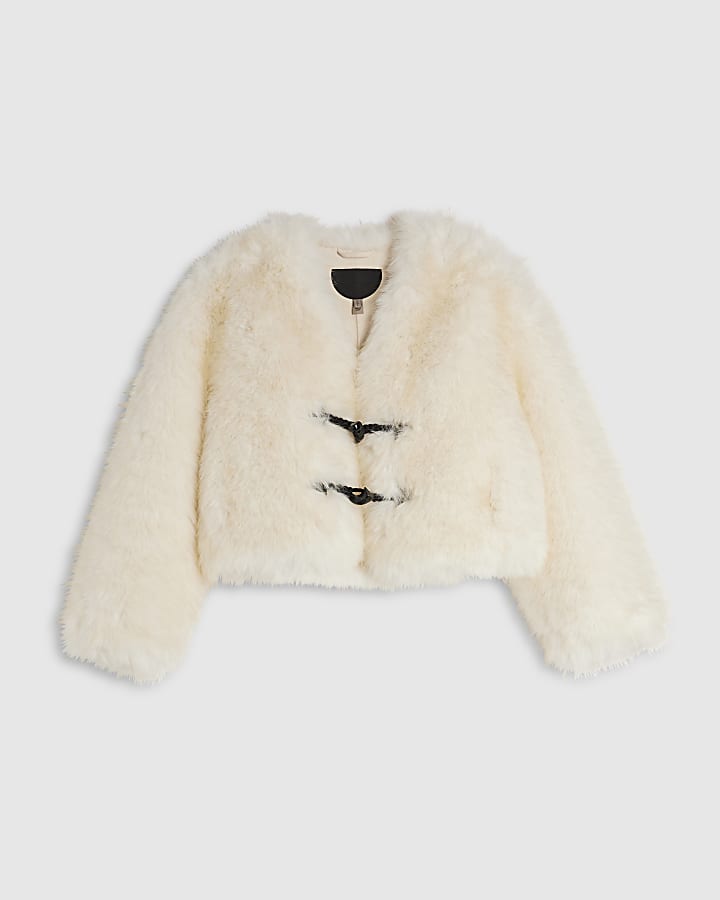 Cream Toggle Hardware Faux Fur Coat