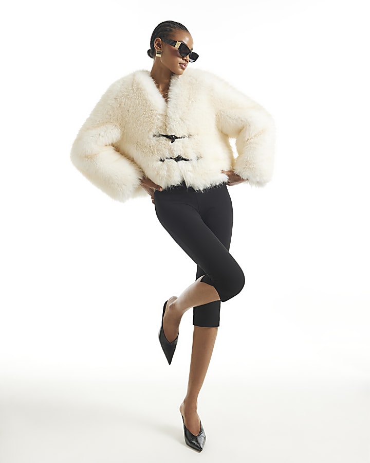 Cream Toggle Hardware Faux Fur Coat