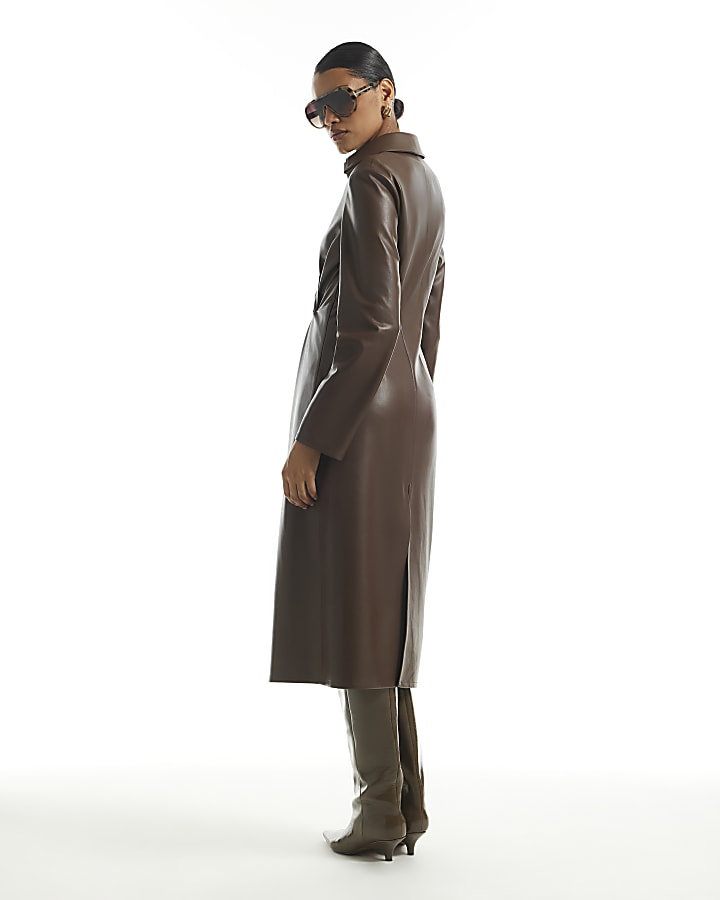 Brown Faux Leather Twist Front Midi Dress