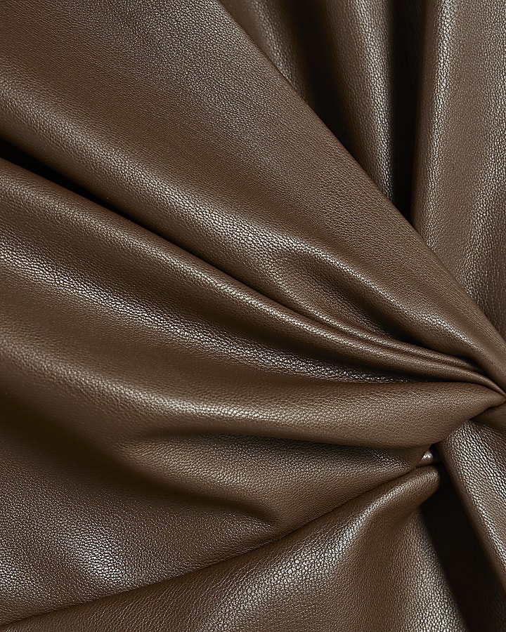 Brown Faux Leather Twist Front Midi Dress