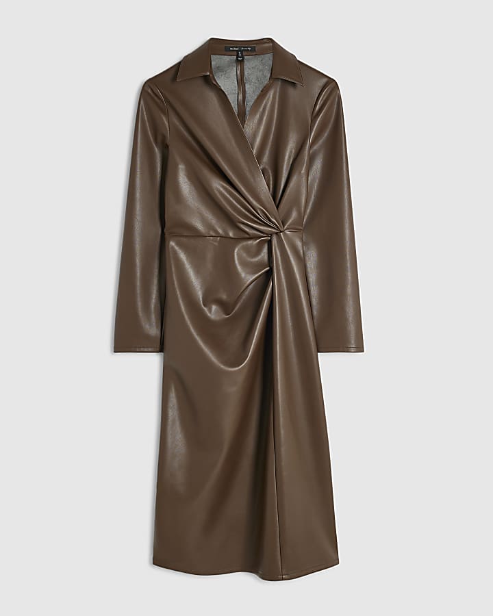 Brown Faux Leather Twist Front Midi Dress