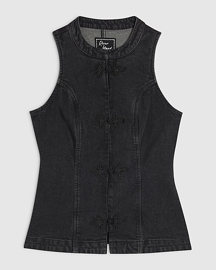 Black Stretch Denim Sleeveless Waistcoat