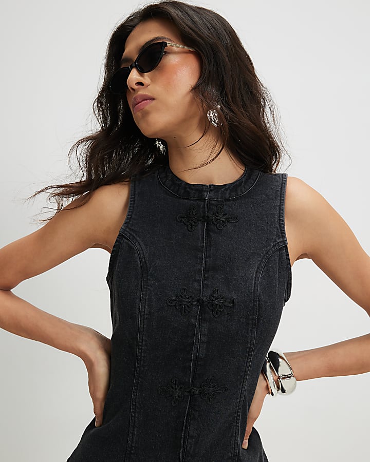 Black Stretch Denim Sleeveless Waistcoat