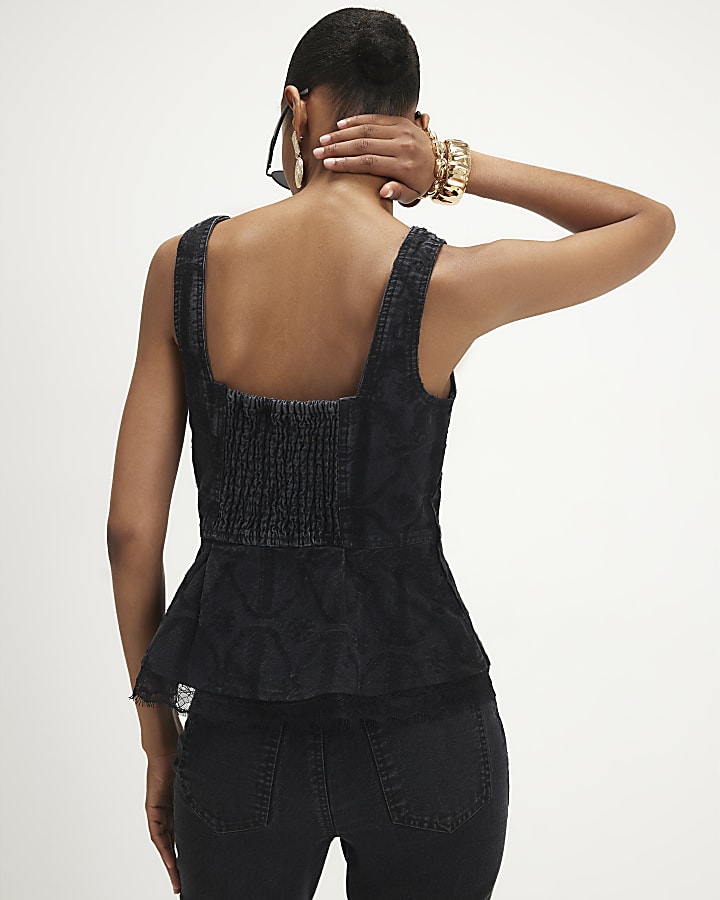 Black Embroidered Denim Lace Peplum Top