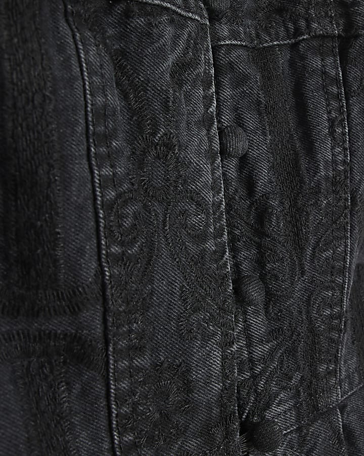 Black Embroidered Denim Lace Peplum Top
