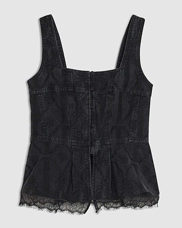 Black Embroidered Denim Lace Peplum Top