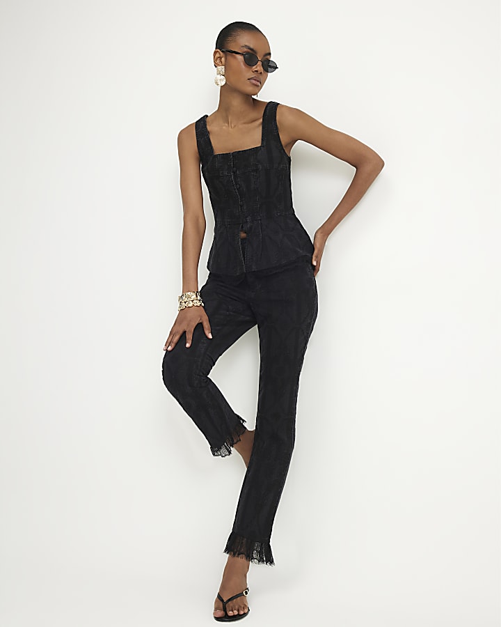 Black Embroidered Denim Lace Peplum Top