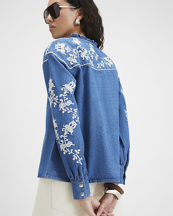 Blue Denim Long Sleeve Embroidered Blouse