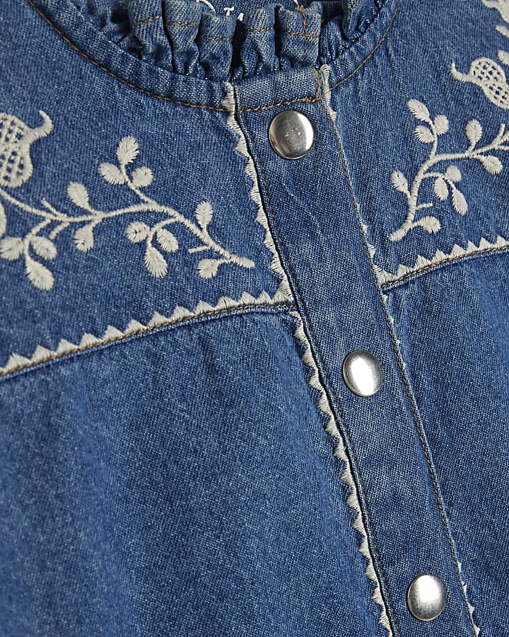 Blue Denim Long Sleeve Embroidered Blouse