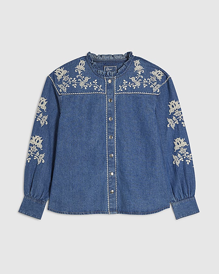 Blue Denim Long Sleeve Embroidered Blouse