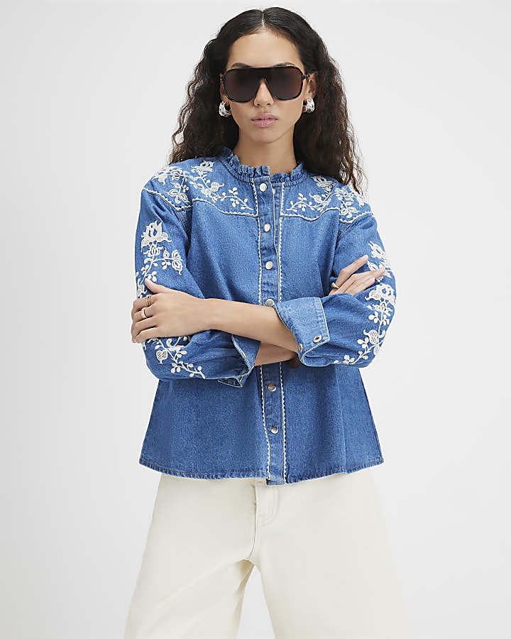 Blue Denim Long Sleeve Embroidered Blouse