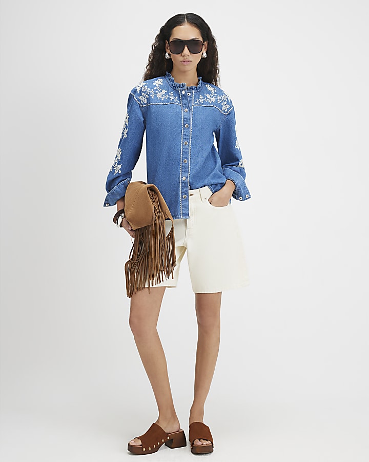 Blue Denim Long Sleeve Embroidered Blouse