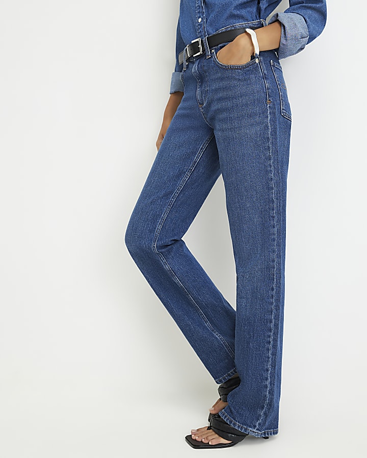 Blue Belted Stretch Straight Leg Jeans