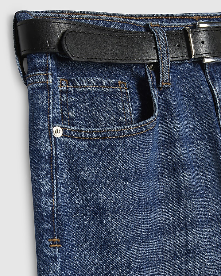Blue Belted Stretch Straight Leg Jeans
