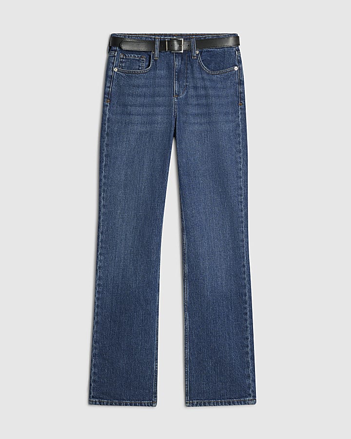 Blue Belted Stretch Straight Leg Jeans