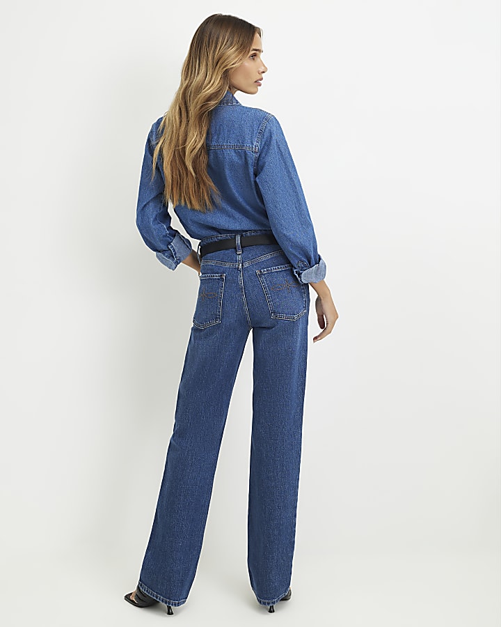 Blue Belted Stretch Straight Leg Jeans