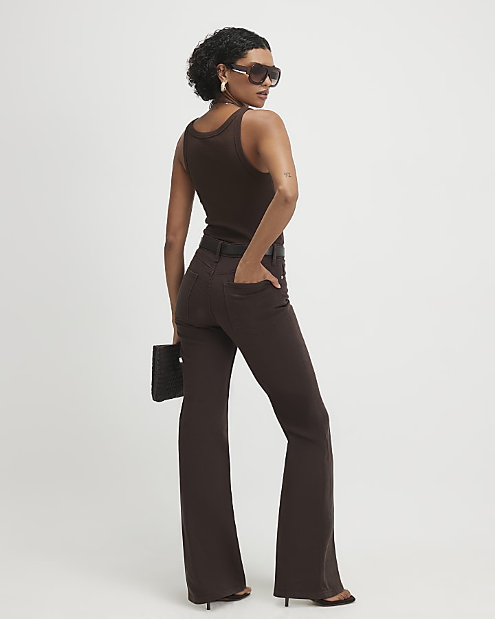 Brown Belted Stretch Straight Leg Jeans