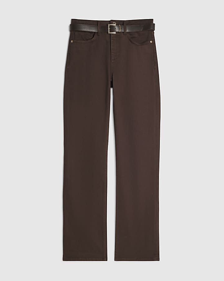 Brown Belted Stretch Straight Leg Jeans