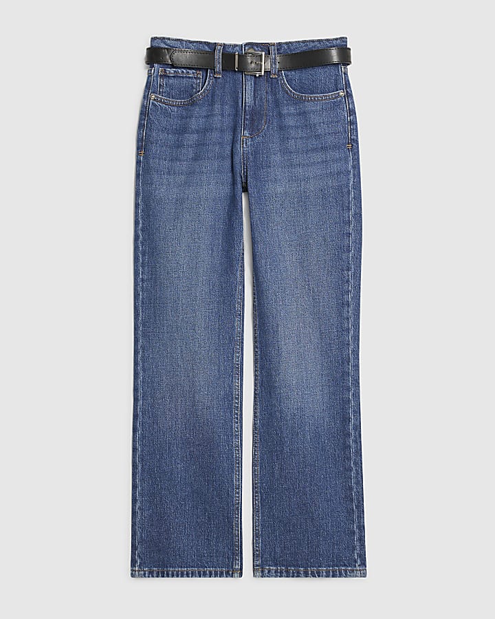 Petite Blue Belted Stretch Straight Leg Jeans