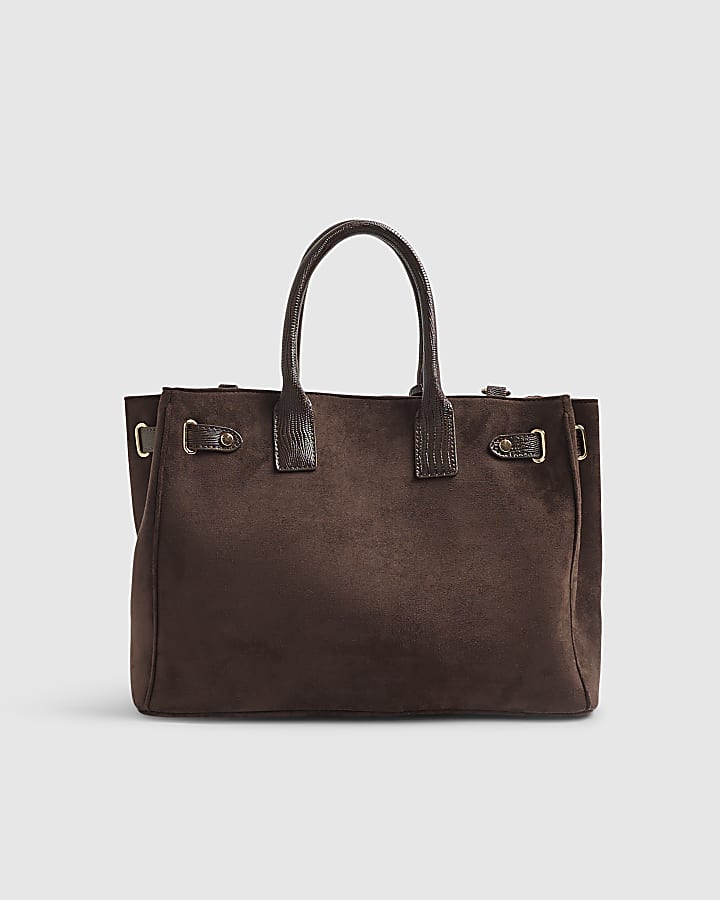 Brown Faux Suede Soft Lock Front Tote Bag