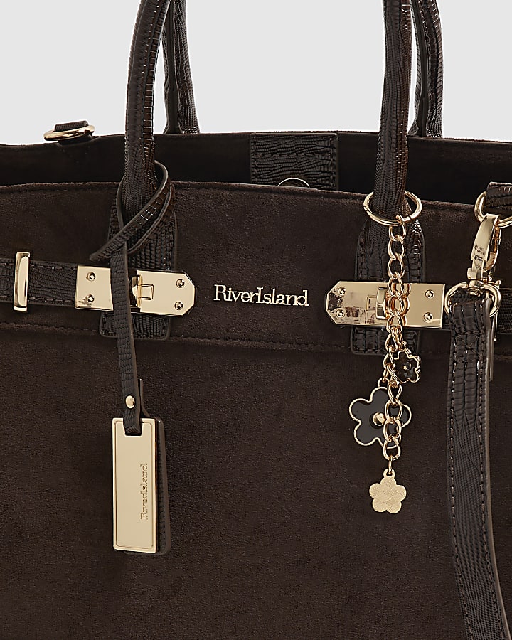 Brown Faux Suede Soft Lock Front Tote Bag