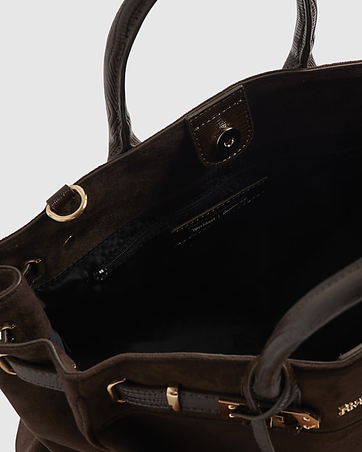 Brown Faux Suede Soft Lock Front Tote Bag