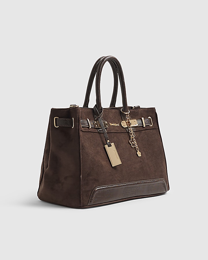Brown Faux Suede Soft Lock Front Tote Bag