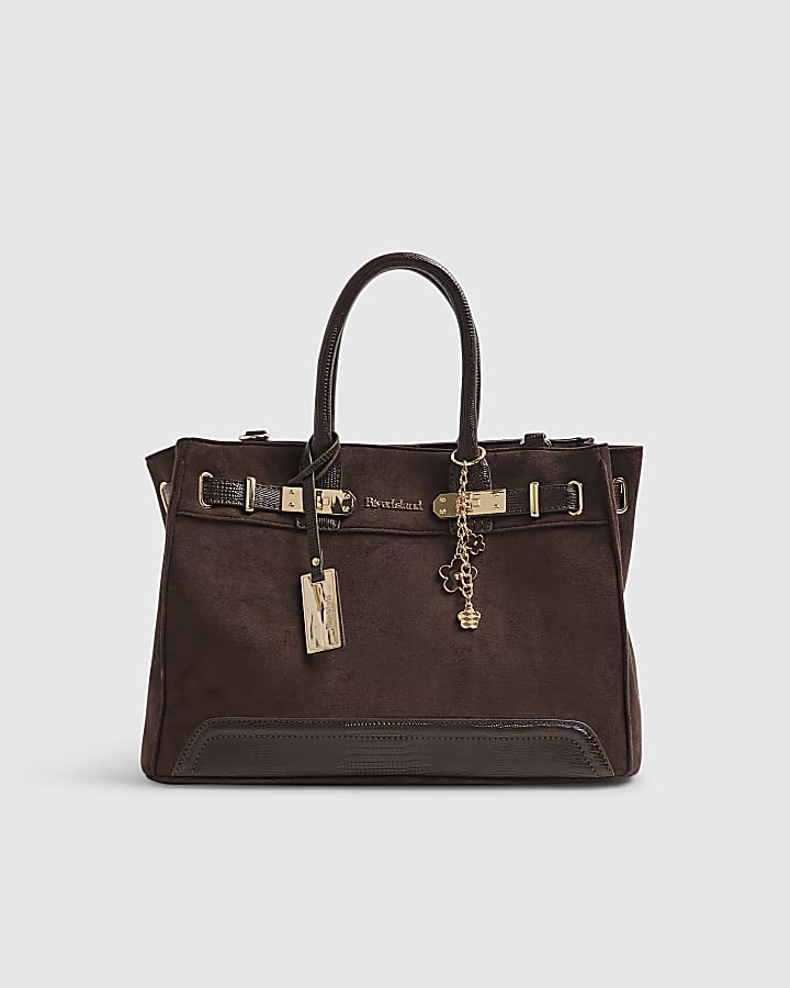 Brown Faux Suede Soft Lock Front Tote Bag