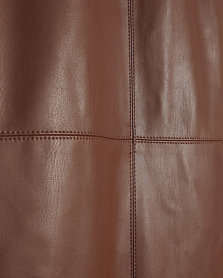 Brown Faux Leather Pencil Midi Skirt