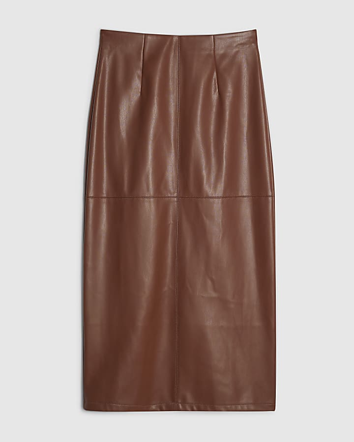 Brown Faux Leather Pencil Midi Skirt
