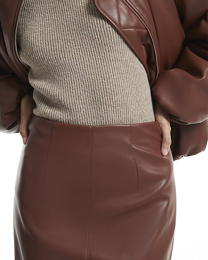 Brown Faux Leather Pencil Midi Skirt