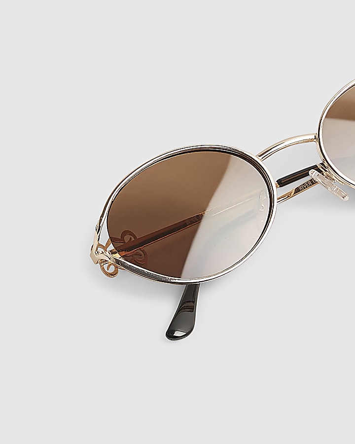 Gold Oval Metal Trim Slim Sunglasses