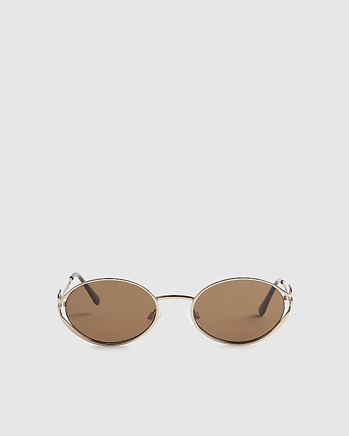 Gold Oval Metal Trim Slim Sunglasses
